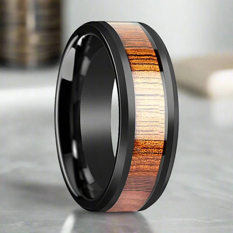 luxury rings for women-ACACIA | Black Ceramic Ring, Koa Wood Inlay, Beveled