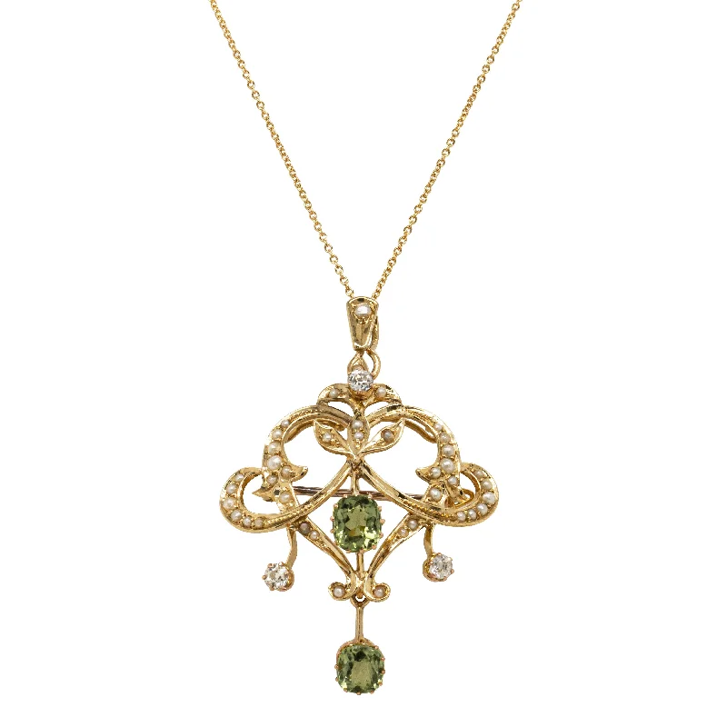 elegant pendant necklaces for women-Vintage 14ct Yellow Gold Peridot, Diamond & Seed Pearl Pendant