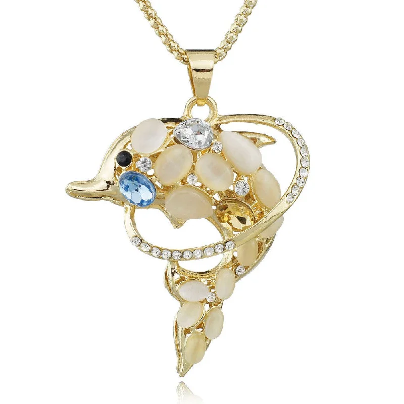 birthstone necklaces for women-Gracious Rhinestone Encrusted  Dolphins Necklace