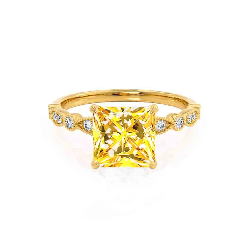 halo sapphire engagement rings-HOPE - Chatham® Princess Yellow Sapphire & Diamond 18k Yellow Gold Vintage Shoulder Set