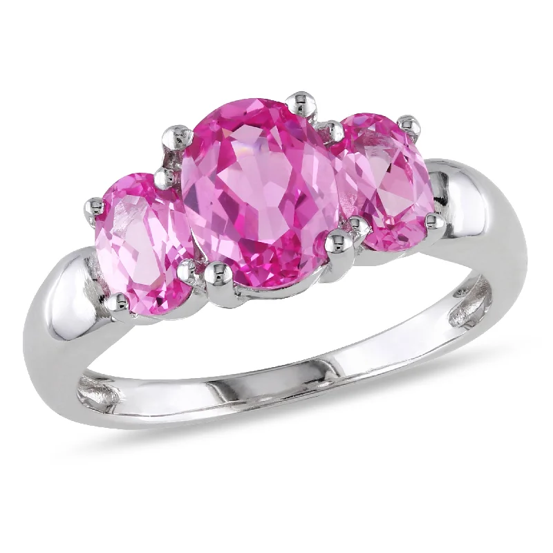 custom engagement rings-Mimi & Max 3 1/6ct TGW Oval Cut Created Pink Sapphire 3-Stone Ring in Sterling Silver