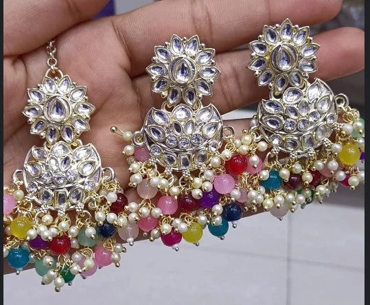 colorful gemstone earrings for women-Bhavi Jewels Gold Plated Kundan Dangler Earrings With Maang Tikka