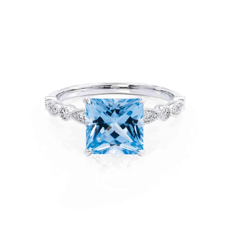 unique wedding engagement rings-HOPE - Chatham® Princess Aqua Spinel & Diamond 950 Platinum Vintage Shoulder Set