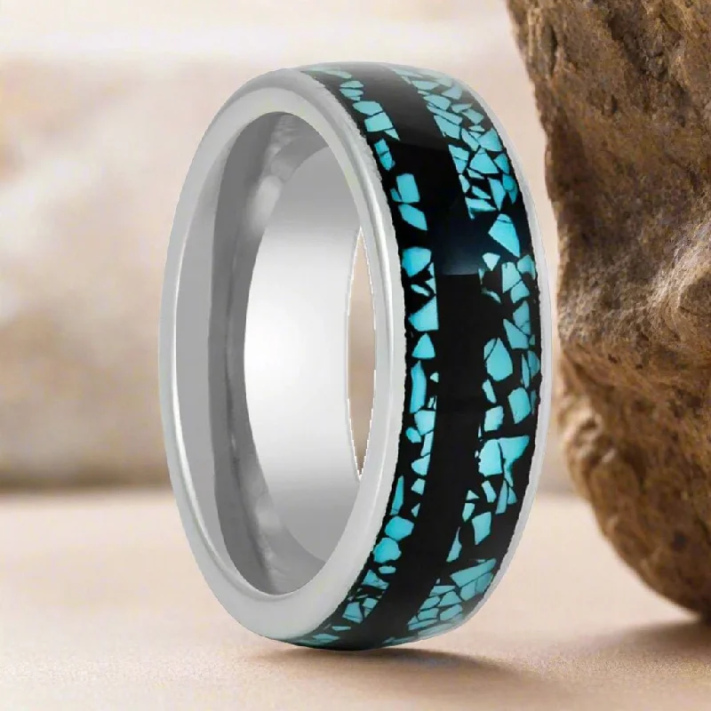 boho rings for women-MOSAIC | Silver Tungsten Ring, Turquoise Fragments Inlay, Black Strip, Domed