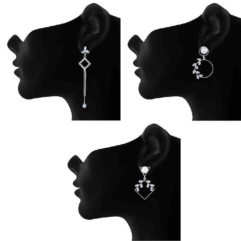 trendy earrings for women-Mahi Combo of 3 Rhodium Plated Long Dangle Earrings for Women (VERCO001051)