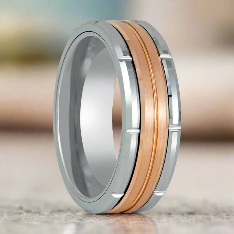 promise rings for women-COMMAND | Silver Tungsten Ring, Two Tone, Rose Gold Inlay