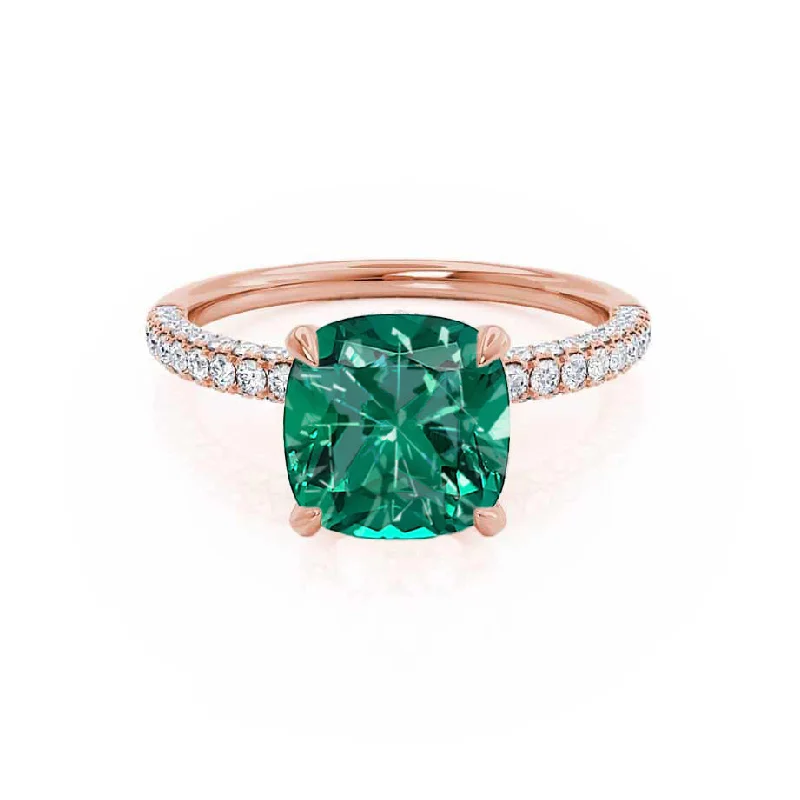 princess cut engagement rings-COCO - Chatham® Cushion Emerald & Diamond 18k Rose Gold Hidden Halo Triple Pavé Shoulder Set