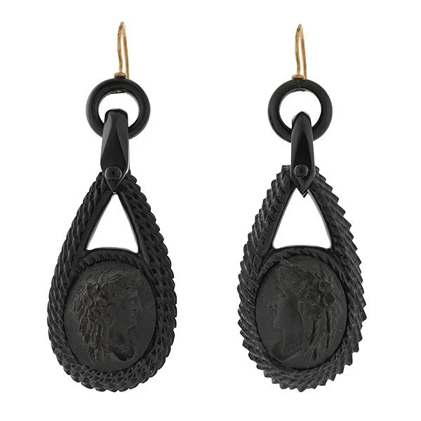 tassel earrings for women-Victorian Large 14kt & Carved Jet Cameo Earrings