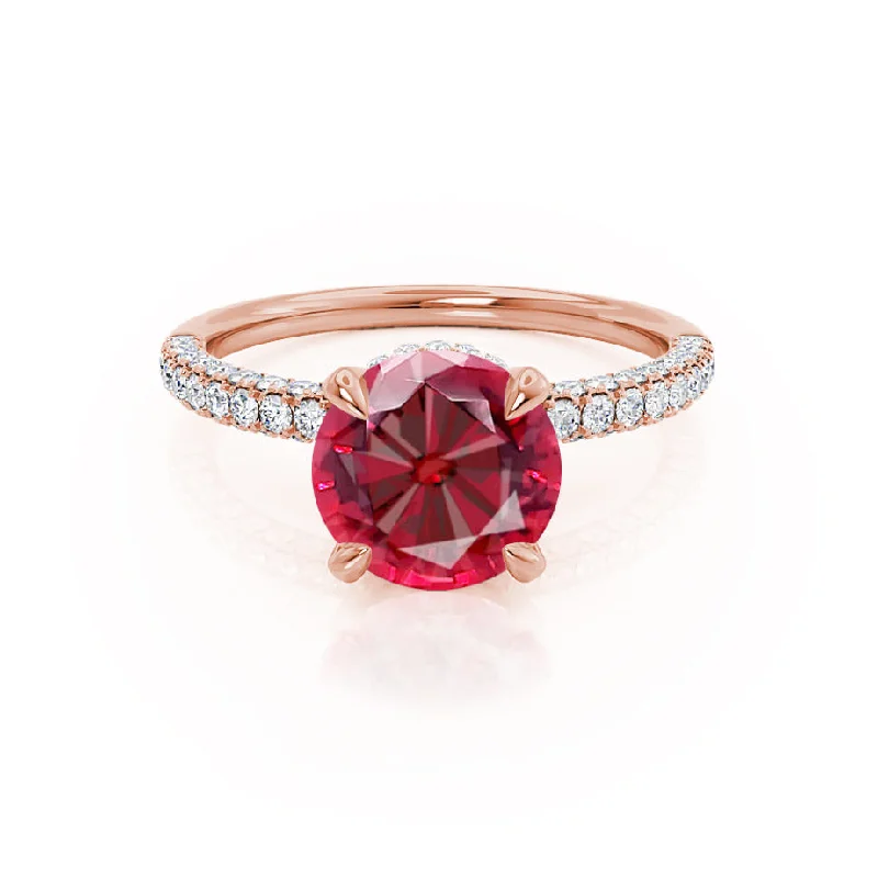 unique halo engagement rings-COCO- Chatham® Round Ruby & Diamond 18k Rose Gold Petite Hidden Halo Triple Pavé Shoulder Set Ring