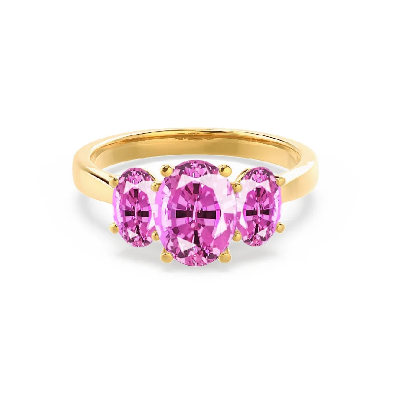 vintage sapphire engagement rings-EVERDEEN - Chatham® Oval Pink Sapphire 18k Yellow Gold Trilogy Ring