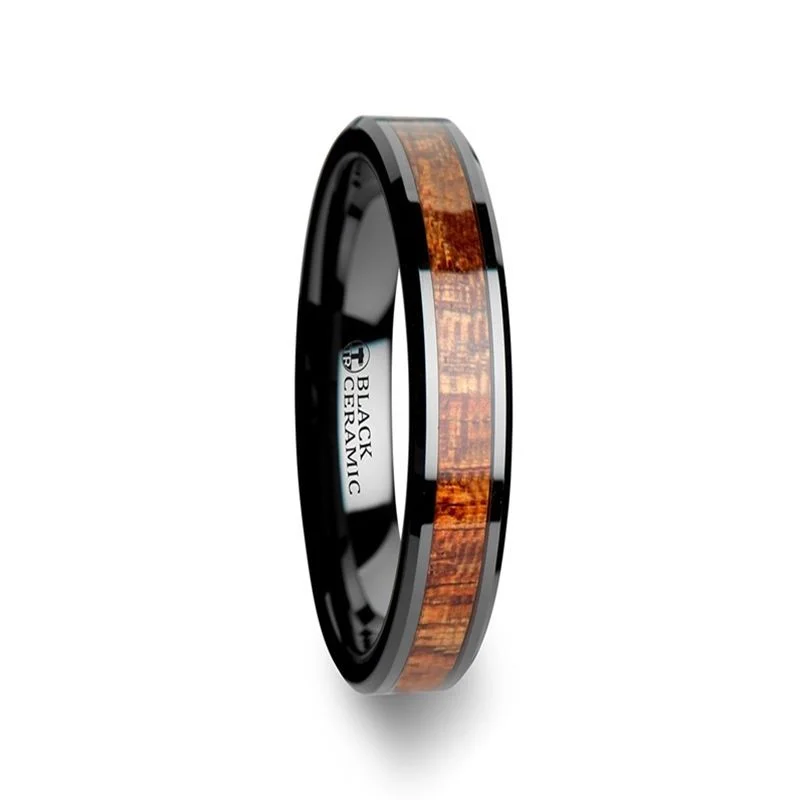 engraved rings for women-GABON | Black Ceramic Ring, Exotic Mahogany Wood Inlay, Beveled