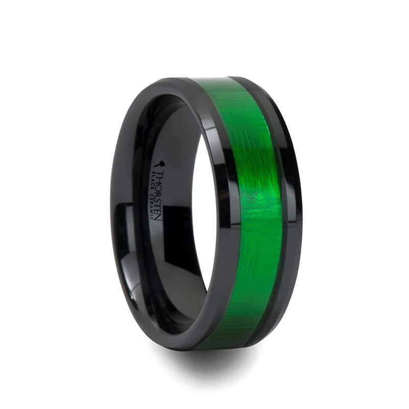 gold rings for women-IRVING | Ceramic Ring Textured Green Inlay