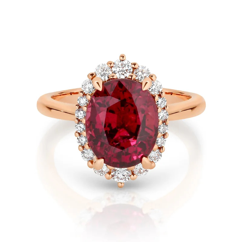 birthstone rings for women-Oval Rubellite and Diamond Ring