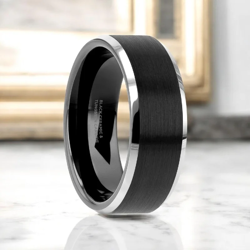 simple rings for women-ARDEN | Black Tungsten Ring, Ceramic Center Brushed, Beveled