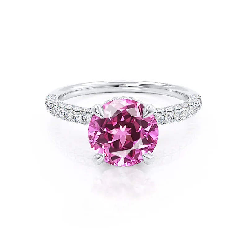 simple engagement rings-COCO- Chatham® Round Pink Sapphire & Diamond 18k White Gold Petite Hidden Halo Triple Pavé Shoulder Set Ring