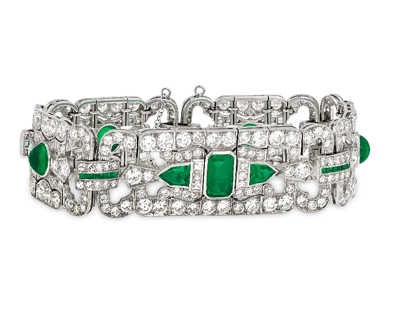 thin bangle bracelets for women-Art Deco Emerald and Diamond Bracelet