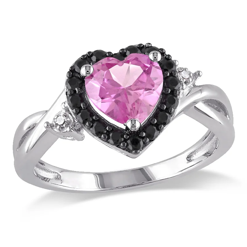 bold gemstone engagement rings-Mimi & Max Created Pink Sapphire, Black Spinel and Diamond Heart Ring in Sterling Silver