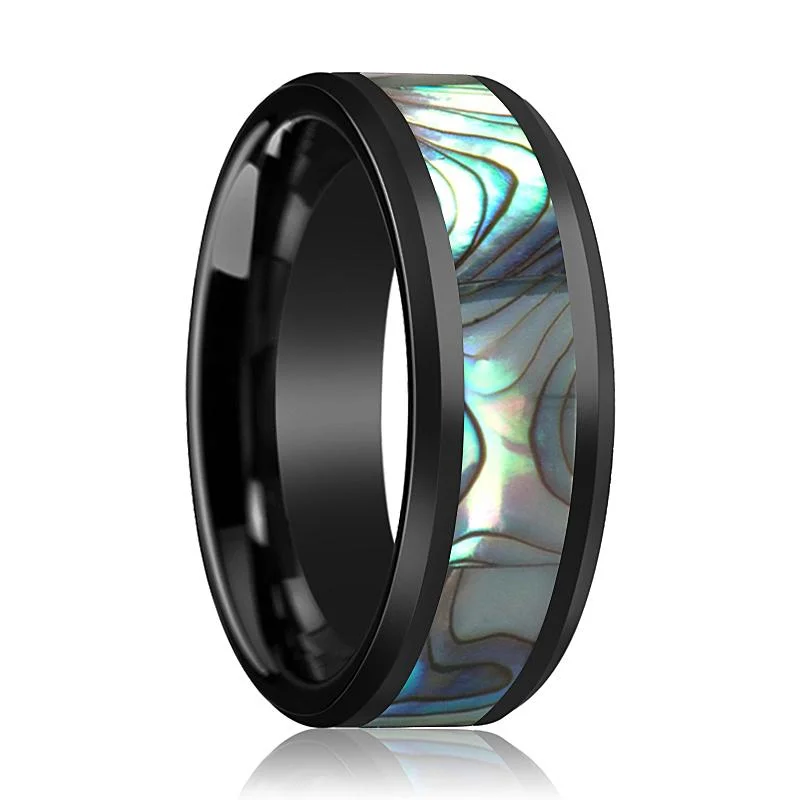 adjustable rings for women-OAHU | Black Ceramic Ring, Mother of Pearl Inlay, Beveled