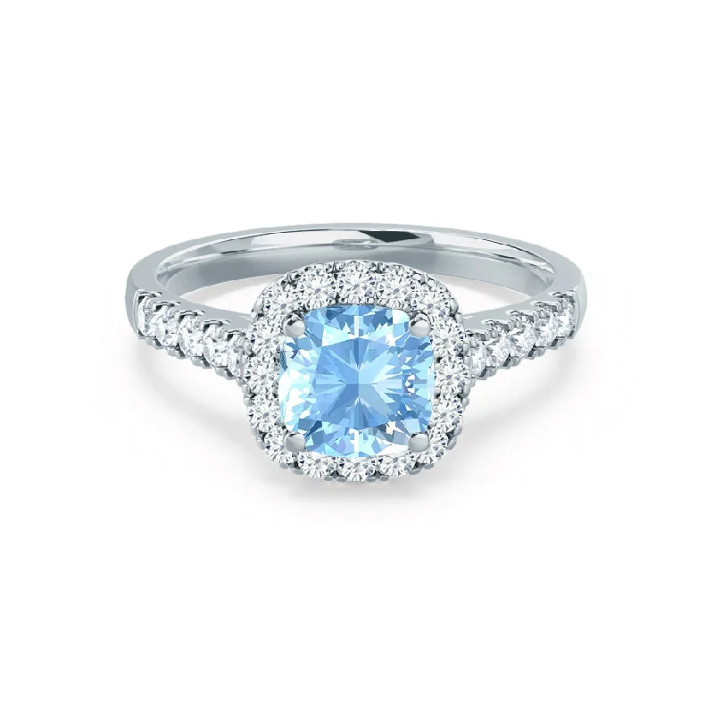 platinum engagement rings-OPHELIA - Chatham® Lab Grown Aqua Spinel & Diamond 18K White Gold Halo