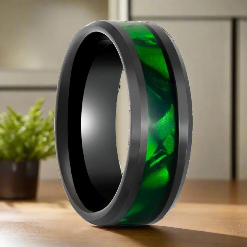 birthstone rings for wedding-SABRE | Black Tungsten Ring, Green Mother of Pearl Inlay, Beveled