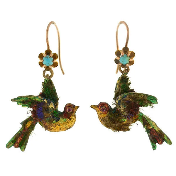 small hoop earrings for women-Rare Victorian 15kt Enamel & Genuine Feather Bird Earrings