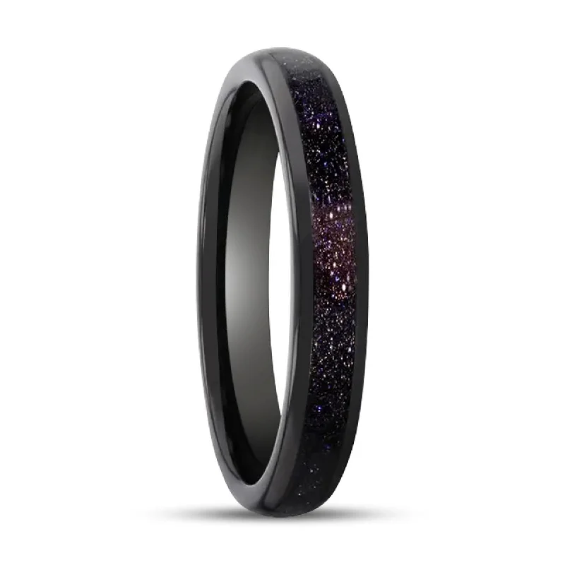 gold stacking rings for women-ASTRUM | Black Tungsten Ring, Purple Goldstone Inlay, Domed