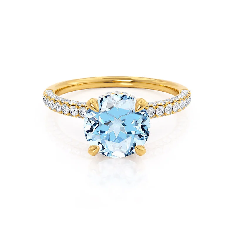 unique modern engagement rings-COCO- Chatham® Round Aqua Spinel & Diamond 18k Yellow Gold Petite Hidden Halo Triple Pavé Shoulder Set Ring