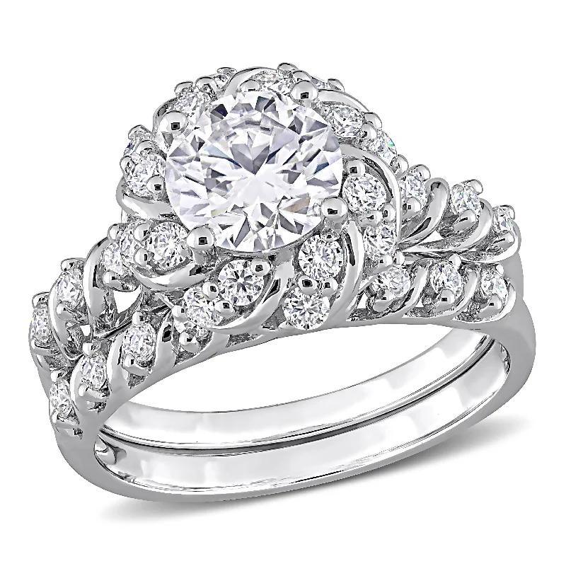 contemporary engagement rings-Mimi & Max 1 7/8ct DEW Created Moissanite Halo Bridal Ring Set in Sterling Silver