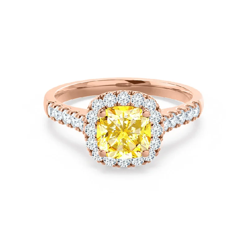 engagement rings with gemstones-OPHELIA - Chatham® Lab Grown Yellow Sapphire & Diamond 18K Rose Gold Halo