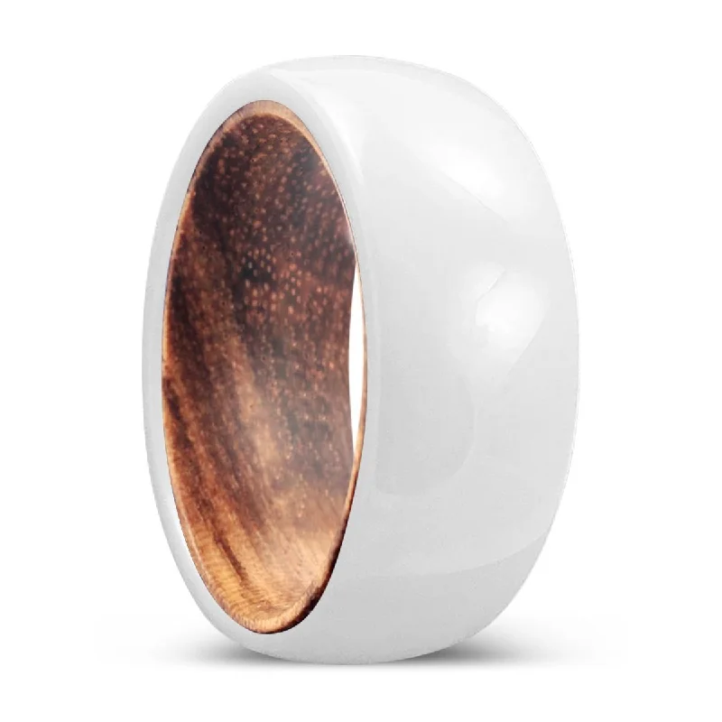 fashionable wedding rings for women-ZEST | Zebra Wood, White Ceramic Ring, Domed