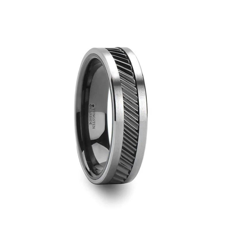 handmade rings for women-HELIX | Tungsten & Ceramic Ring Gear Teeth Pattern