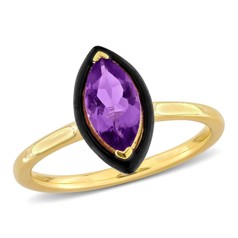 three-stone engagement rings-Mimi & Max 1ct TGW Marquise-Cut Amethyst Black Enamel Halo Ring Yellow Silver