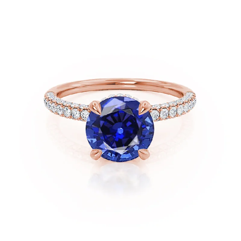 bridal set engagement rings-COCO- Chatham® Round Blue Sapphire & Diamond 18k Rose Gold Petite Hidden Halo Triple Pavé Shoulder Set Ring