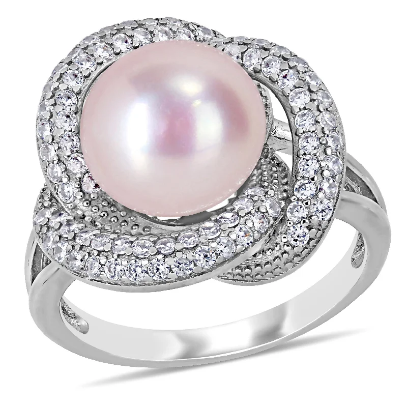 personalized engagement ring sets-Mimi & Max 10.5-11mm Pink Cultured Freshwater Pearl and 3/4ct TGW Cubic Zirconia Interlaced Ring in Sterling Silver