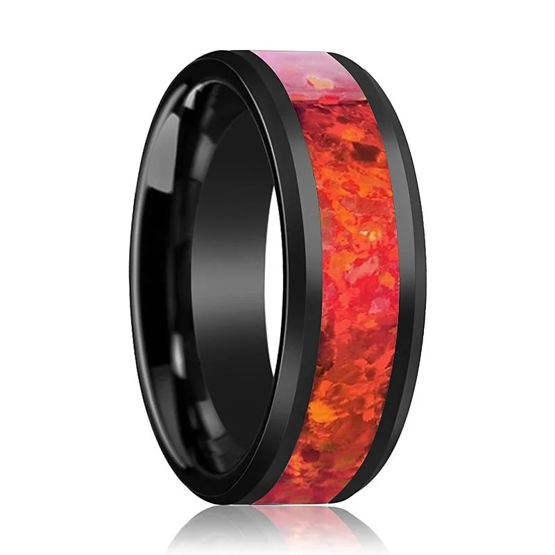 diamond wedding bands for women-NOVA | Black Ceramic Ring, Red Opal Inlay, Beveled