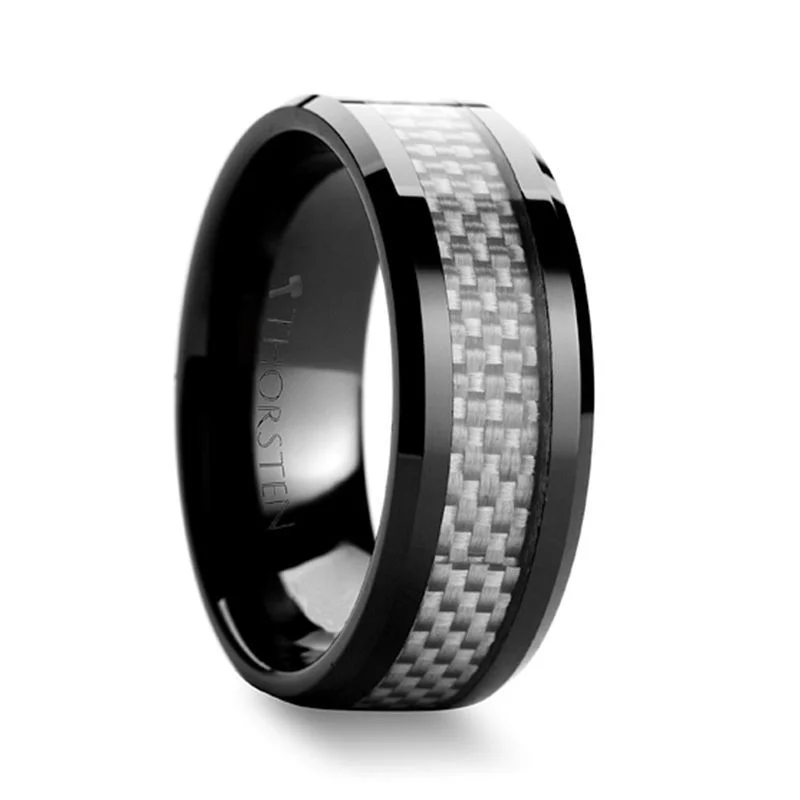 large statement rings for women-MYSTIQUE | Black Ceramic Ring, White Carbon Fiber Inlay, Beveled