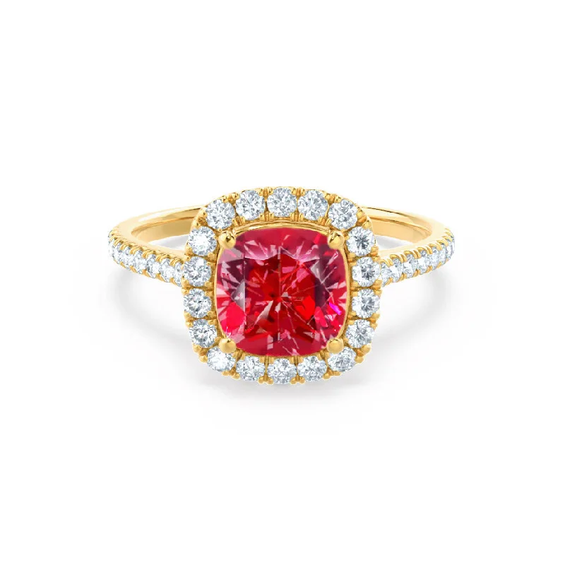 engagement rings for women-VIOLETTE - Chatham® Cushion Ruby & Diamond 18k Yellow Gold Petite Halo Ring