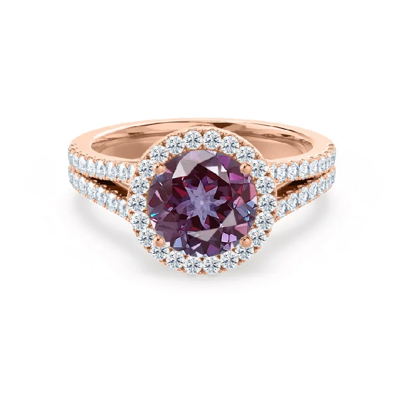 custom-made engagement rings-AMELIA - Chatham® Lab Grown Alexandrite & Diamond 18k Rose Gold Halo Ring