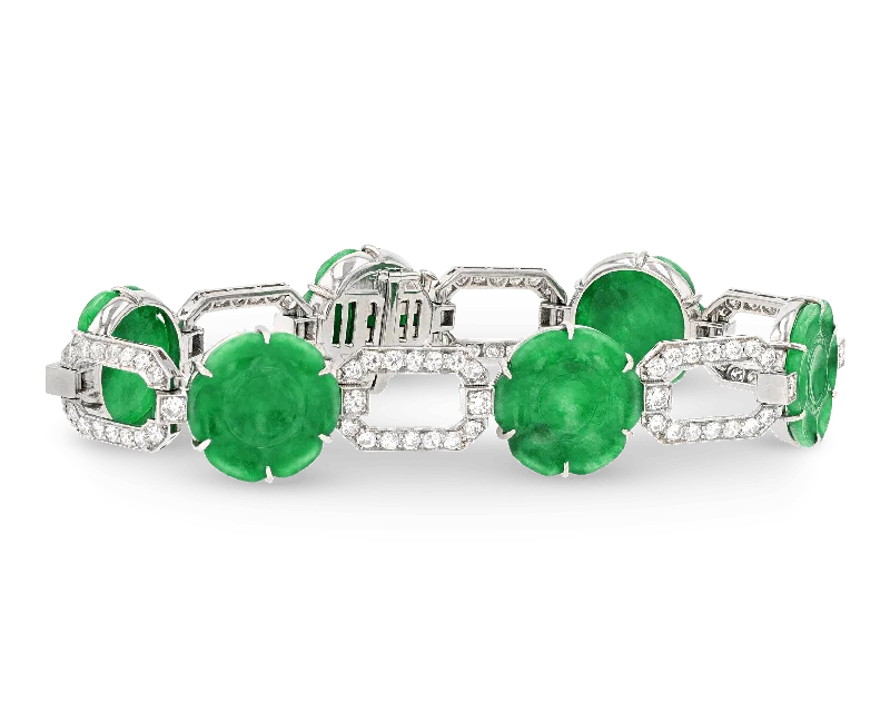 wedding bracelet sets for women-Art Deco Jade and Diamond Bracelet