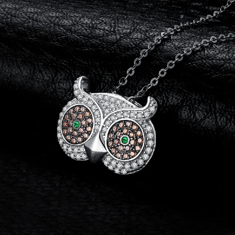 boho necklaces for women-925 Sterling Silver Russian Simulated Emerald Owl Pendant - (Link Chain Necklace Not Included)