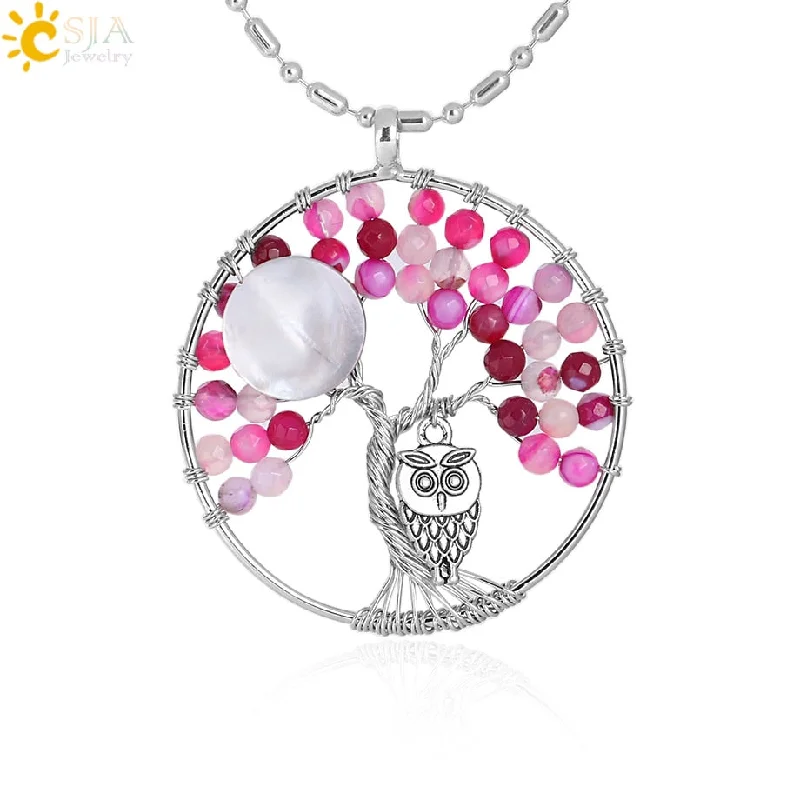 diamond heart necklaces for women-7 Chakra Tree of Life Colorful Faceted Natural Agates Beads Owl Pendant Necklace