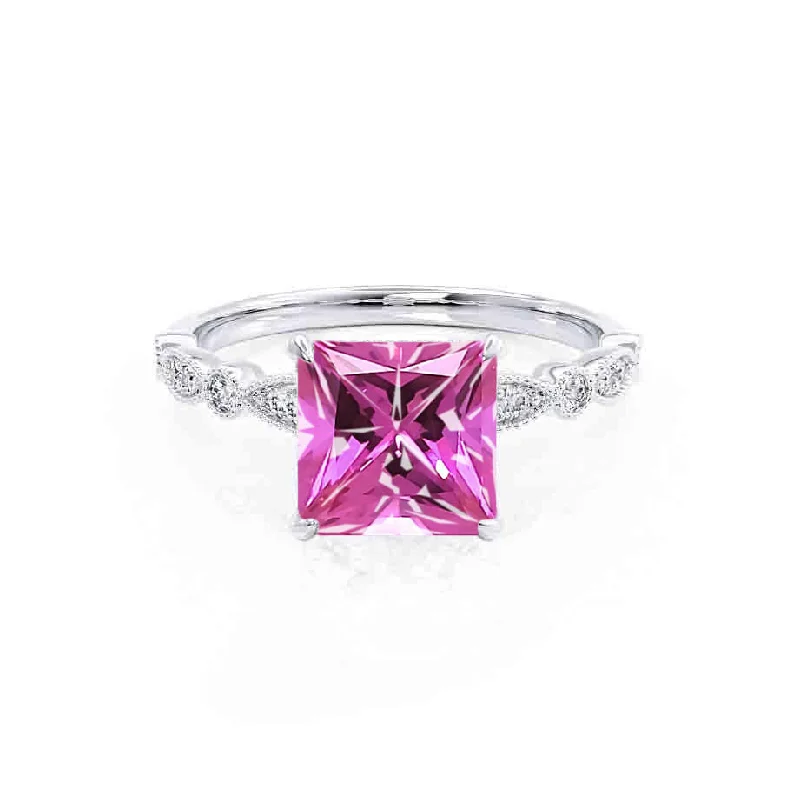 wedding engagement ring sets-HOPE - Chatham® Princess Pink Sapphire & Diamond 950 Platinum Vintage Shoulder Set