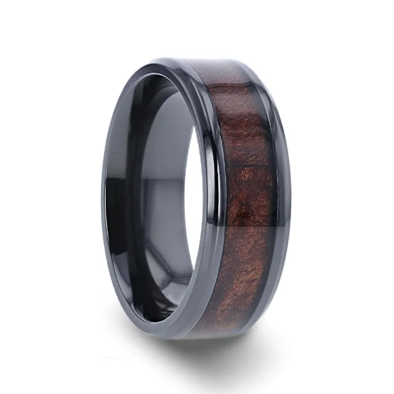 boho rings for women-CERISE | Black Ceramic Ring, Red Wood Inlay, Domed