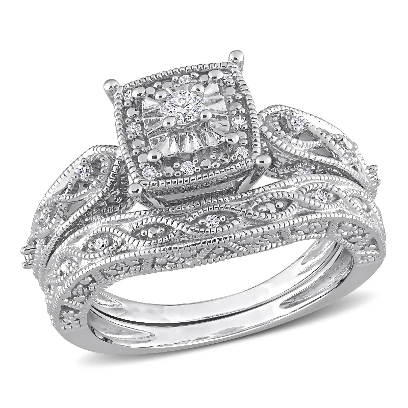 cushion cut engagement rings-Mimi & Max 1/5ct TW Diamond Cushion Shape Filigree Bridal Set in Sterling Silver