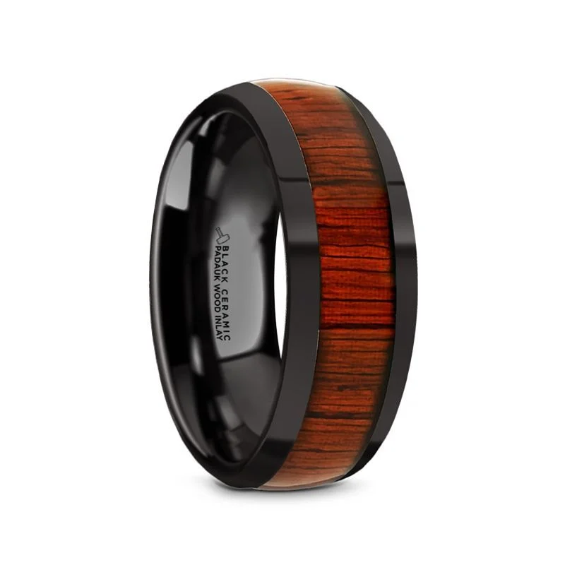 gold stacking rings for women-MANE | Black Ceramic Ring, Padauk Wood Inlay, Domed