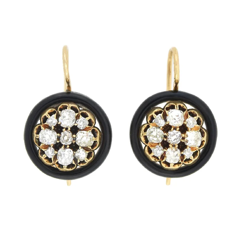 personalized earrings for women-Victorian 14kt Black Enamel + Diamond Cluster Earrings 1.30ctw