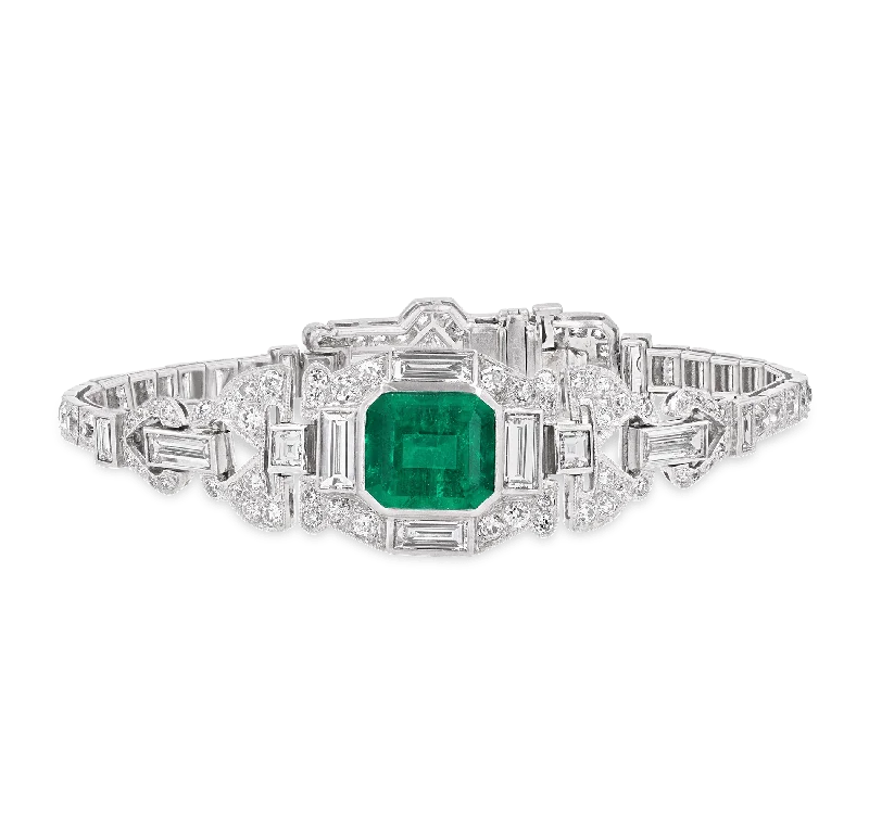 minimalist bracelets for women-Art Deco Colombian Emerald and Diamond Bracelet