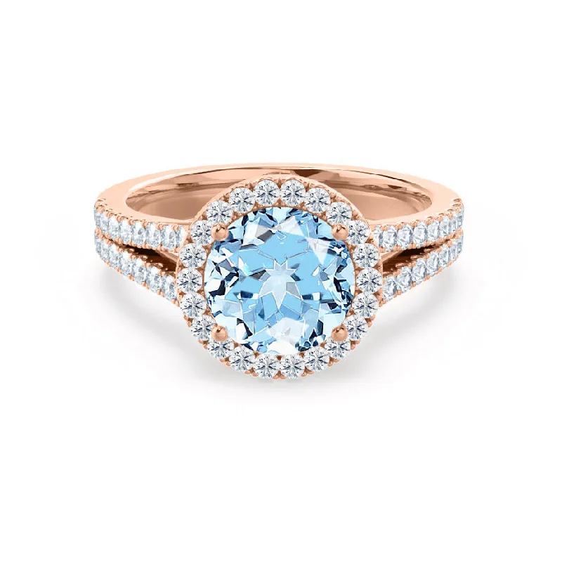 princess cut diamond engagement rings-AMELIA - Chatham® Lab Grown Aqua Spinel & Diamond 18k Rose Gold Halo Ring