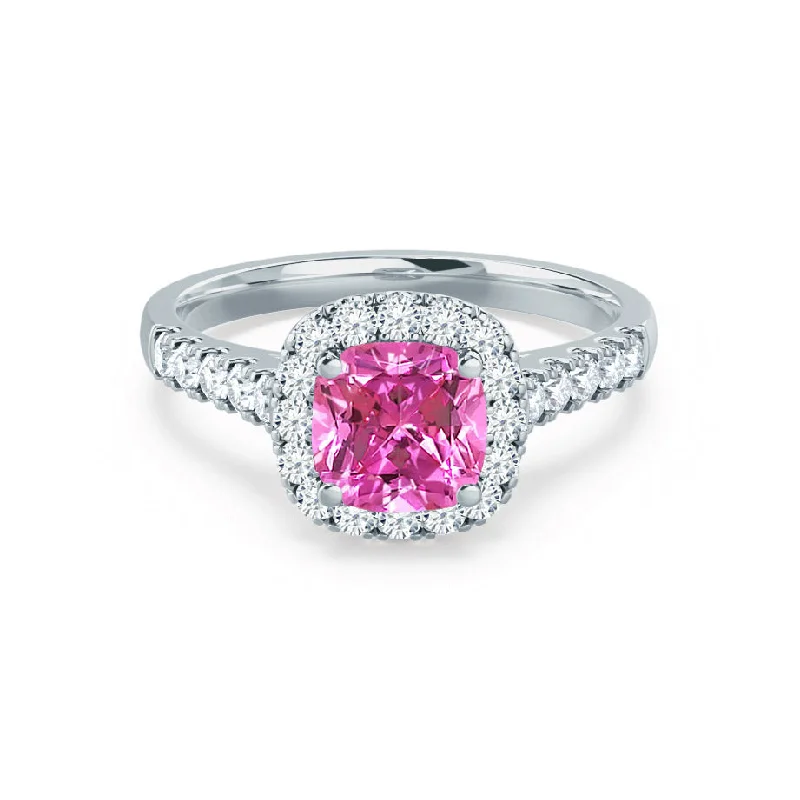 custom wedding engagement rings-OPHELIA - Chatham® Lab Grown Pink Sapphire & Diamond Platinum Halo