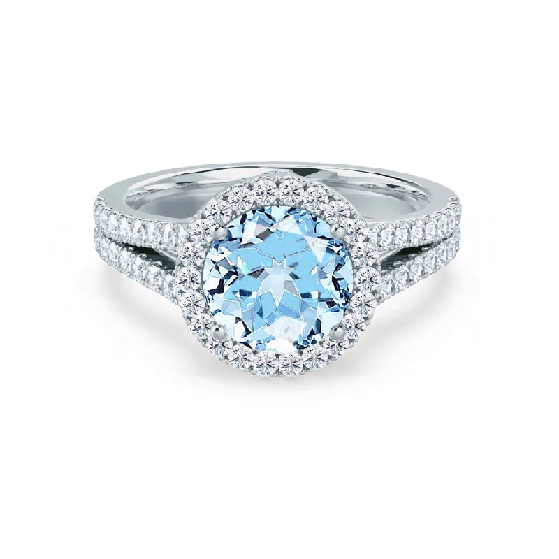 custom-cut engagement rings-AMELIA - Chatham® Lab Grown Aqua Spinel & Diamond 18k White Gold Halo Ring